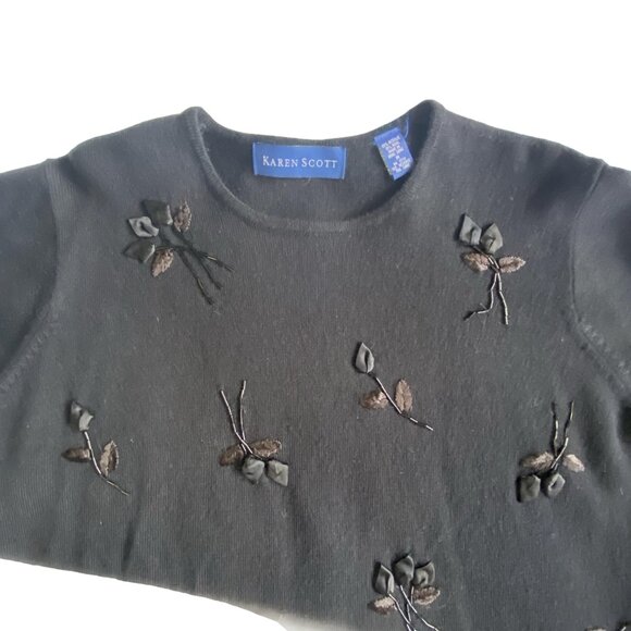 KAREN SCOTT Black Wool Blend Beaded Floral Appliqué Sweater Pullover M - Picture 4 of 12
